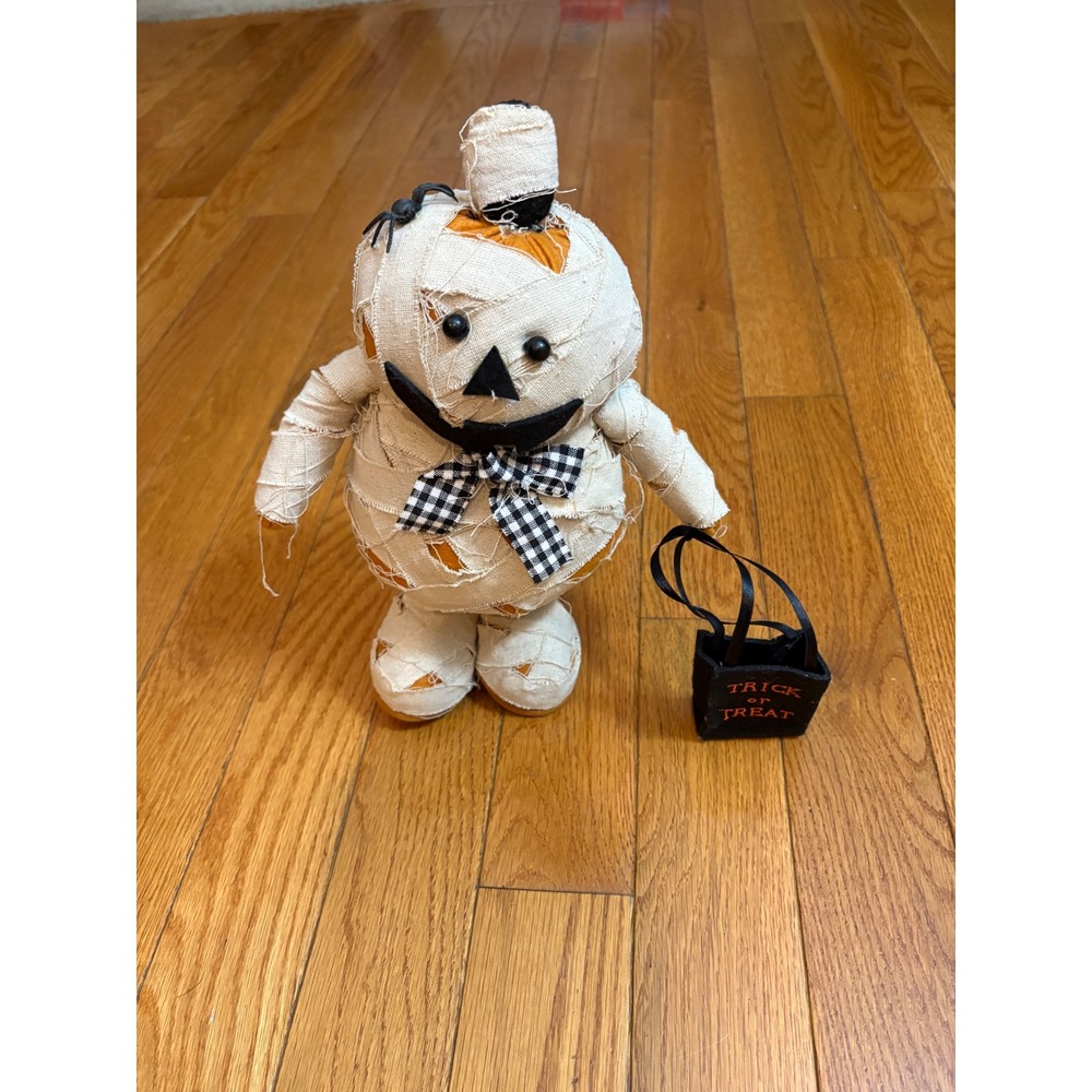 Halloween Mummy Pumpkin Figure Tabletop Decor Gingham Bow Trick or Treat 12in